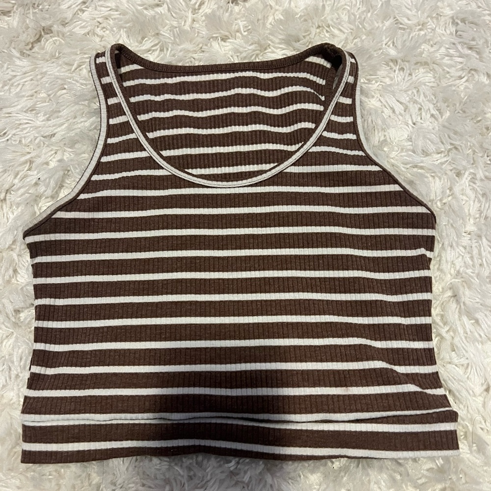 Brown and white striped cropped tank top